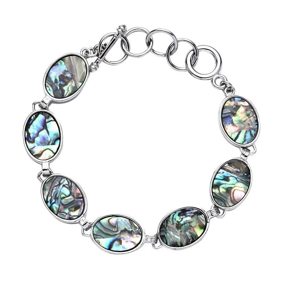 Abalone Shell Oval Shaped Link Bracelet in Silvertone (8-10In)